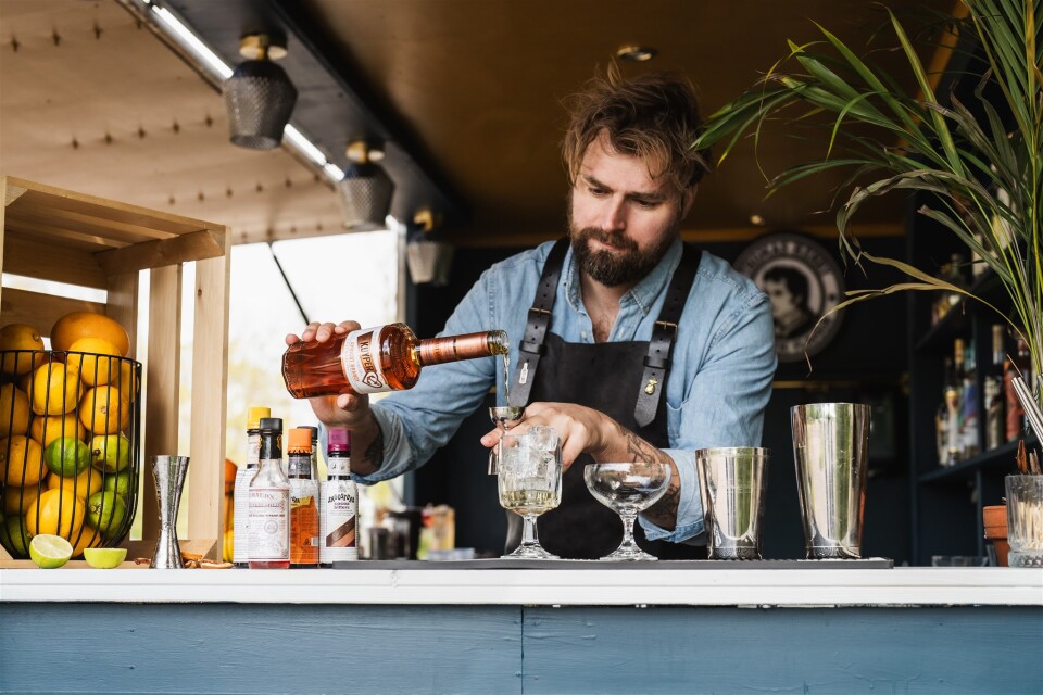 Cocktail barman maakt een cocktail uit de cocktail families